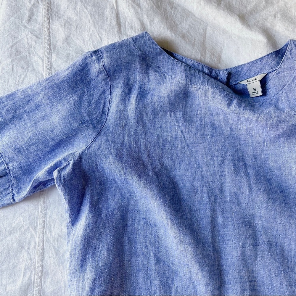 100 Linen Coastal Classic Llbean Boxy Blue Top Sz M Gem